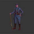 Game Movie Character in Blue Uniform with Red Long Staff and Brown Gear