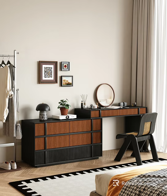 Modern Study Room Interior With Wooden Desk Chair And Decorative Wall Art 3d model 