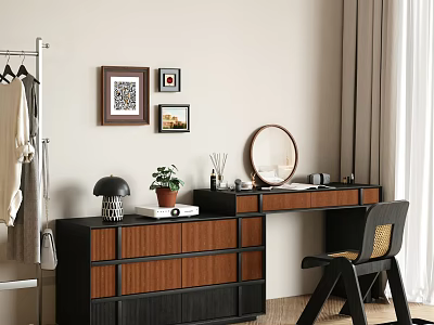 Modern Study Room Interior With Wooden Desk Chair And Decorative Wall Art 3d model