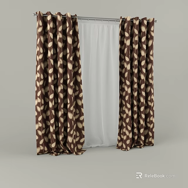 Brown Leaf Pattern Curtains With White Sheer For Home Window Decor 3d model 