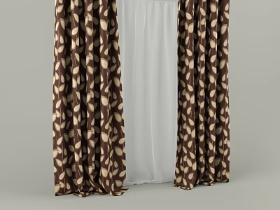 Brown Leaf Pattern Curtains With White Sheer For Home Window Decor 3d model