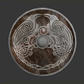 Medieval Wooden Shield With Silver Edge Carved Spiral Bird Patterns And Central Metal Ball Design