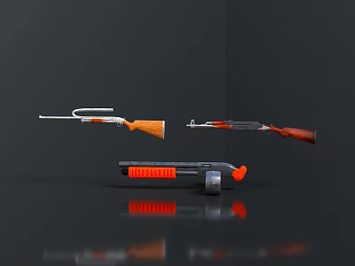 Different Types of Firearms with Orange Components on Dark Reflective Background 3d model