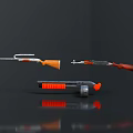 Different Types of Firearms with Orange Components on Dark Reflective Background