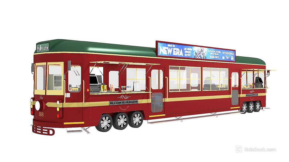 Red Train with Green Roof Yellow Trim New Era Advertisement Sign Multiple Windows and Wheels 3d model 