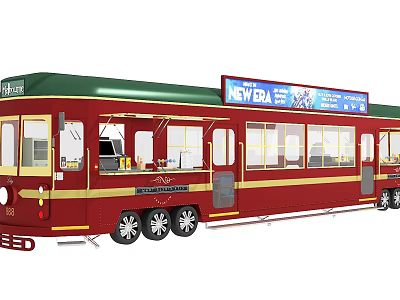 Red Train with Green Roof Yellow Trim New Era Advertisement Sign Multiple Windows and Wheels 3d model