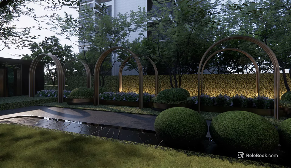 Garden Ornamental Features With Wooden Arches Trimmed Shrubs Stone Path And Ambient Lighting 3d model 