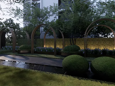 Garden Ornamental Features With Wooden Arches Trimmed Shrubs Stone Path And Ambient Lighting 3d model