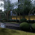 Garden Ornamental Features With Wooden Arches Trimmed Shrubs Stone Path And Ambient Lighting
