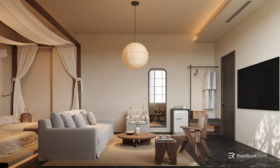 Cozy Warm Minimalist Japanese Style Hotel Guest Room With Comfortable Lounge And Restful Sleeping Space 3d model 