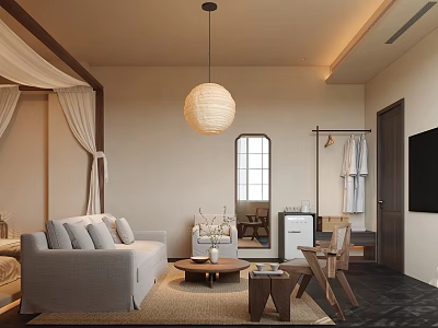 Cozy Warm Minimalist Japanese Style Hotel Guest Room With Comfortable Lounge And Restful Sleeping Space 3d model