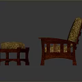 Classic Wooden Armchair And Ottoman With Solid Wood Frame And Ornate Patterned Upholstery