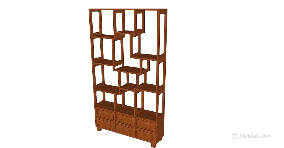 Stylish Wooden Display Shelf With Multiple Storage Compartments And Bottom Drawers 3d model 