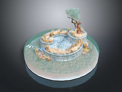 Cartoon Scenic Circular Garden With Stone Wall Tree And Decorative Plants 3d model