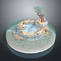 Cartoon Scenic Circular Garden With Stone Wall Tree And Decorative Plants