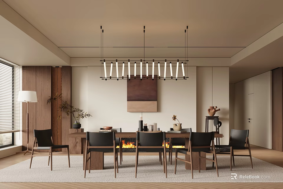 Elegant Modern Restaurant Interior With Dining Table Chairs Pendant Lights And Fireplace 3d model 