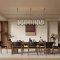 Elegant Modern Restaurant Interior With Dining Table Chairs Pendant Lights And Fireplace