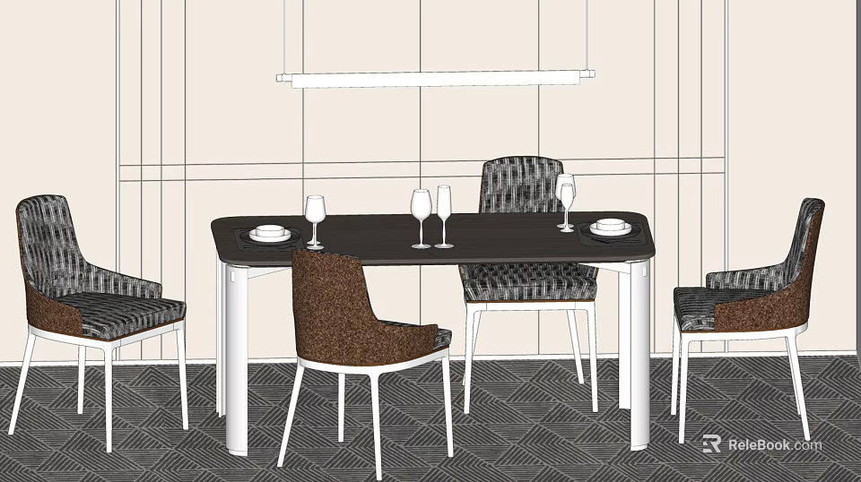 Modern Dining Table Set With Black Tabletop White Legs Mixed Pattern Chairs And Pendant Light 3d model