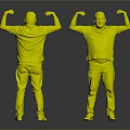 Man Flexing Muscles In Blue T Shirt And Blue Jeans Front And Back Views