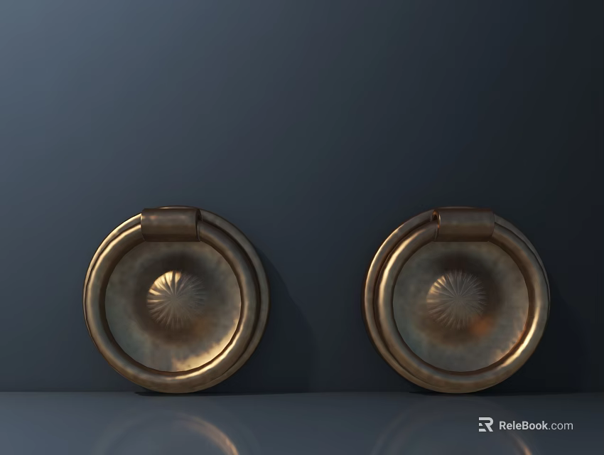 Pair of Golden Metal Cabinet Pulls With Decorative Round Design for Furniture 3d model 