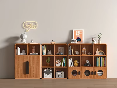 Modern Bookcase Children's Bookcase Floor Creative Bookcase Free Combination Plaid Cabinet Children's Study Table and Chair Children's Toy Ornaments 3d model