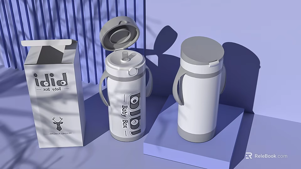 Two White and Gray Vacuum Insulated Cups with Packaging Box on Blue Display Platform 3d model