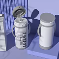 Two White and Gray Vacuum Insulated Cups with Packaging Box on Blue Display Platform 3d model