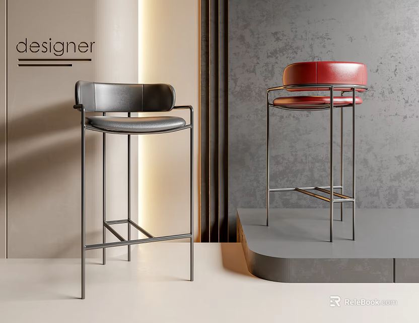Designer Modern Bar Stools With Black Red Leather Seats And Metal Frames 3d model 