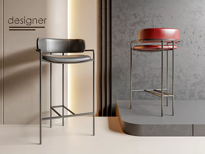 Designer Modern Bar Stools With Black Red Leather Seats And Metal Frames 3d model