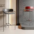 Designer Modern Bar Stools With Black Red Leather Seats And Metal Frames