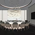 Modern Private Dining Room Interior With Circular Table Chairs And Crystal Chandelier