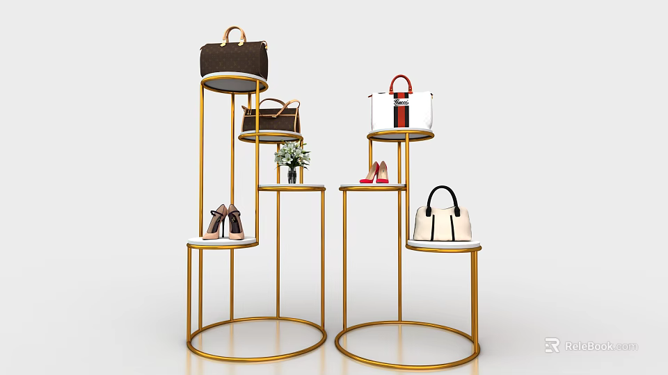 Elegant Modern Gold Display Shelves with Handbags Shoes and Small Plants 3d model 
