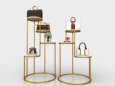 Elegant Modern Gold Display Shelves with Handbags Shoes and Small Plants 3d model