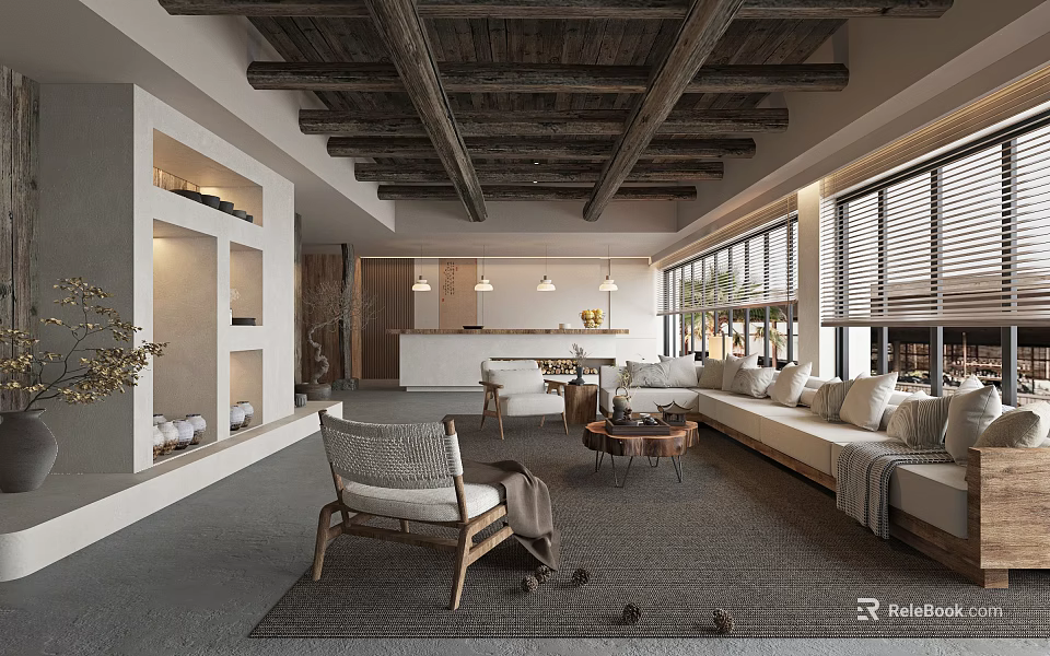 Modern Cozy Hotel Lobby With Wooden Ceiling Beams Large Windows And Sofa Armchair 3d model 