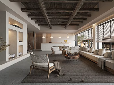 Modern Cozy Hotel Lobby With Wooden Ceiling Beams Large Windows And Sofa Armchair 3d model