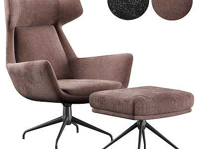 Modern Brown Upholstered Armchair With Matching Ottoman And Black Metal Legs 3d model