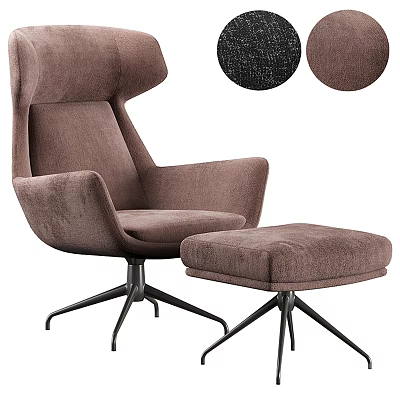 Modern Brown Upholstered Armchair With Matching Ottoman And Black Metal Legs 3d model