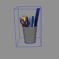 Perforated Black Pen Holder With Colored Pens Scissors Ruler On White Background