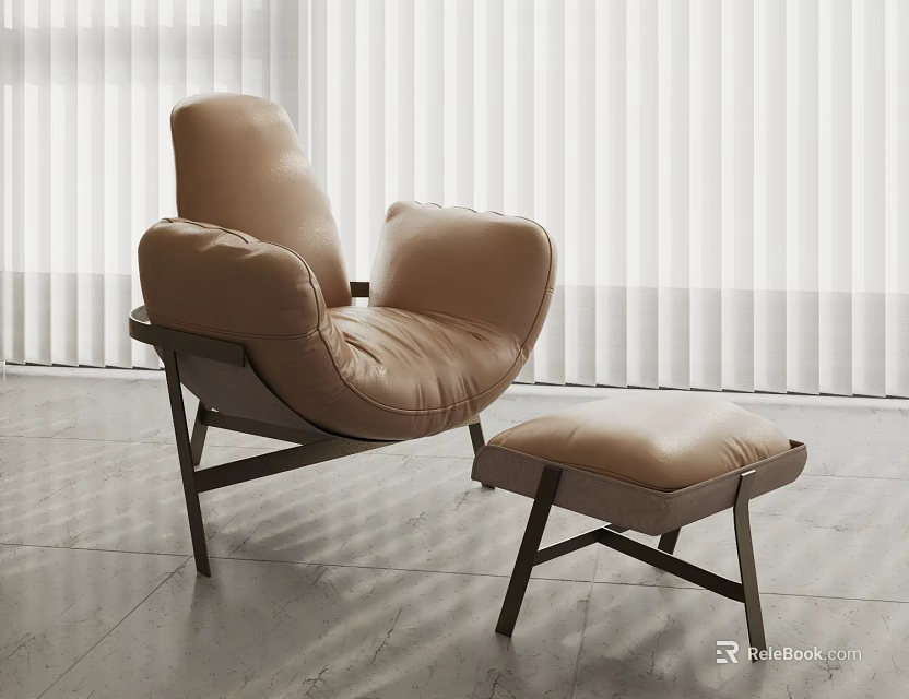 Modern Beige Leather Single Sofa With Matching Ottoman And Comfortable Armrest Design 3d model