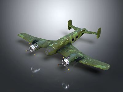 Military Airplane with Green Camouflage Twin Engines Wings and Tail on Gray Smooth Reflective Surface 3d model
