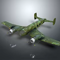 Military Airplane with Green Camouflage Twin Engines Wings and Tail on Gray Smooth Reflective Surface