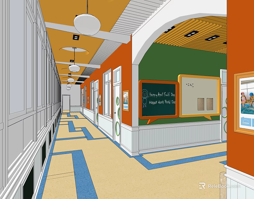 Elevator Hallway Featuring Yellow Ceiling Orange Green Walls Blue Floor Lines White Trim And Blackboard 3d model 