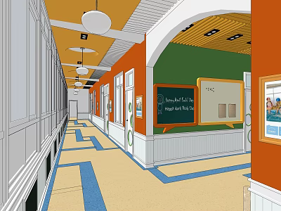 Elevator Hallway Featuring Yellow Ceiling Orange Green Walls Blue Floor Lines White Trim And Blackboard 3d model