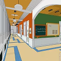Elevator Hallway Featuring Yellow Ceiling Orange Green Walls Blue Floor Lines White Trim And Blackboard