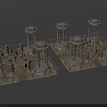 Fantasy Cartoon Scene Featuring Ancient Stone Pillars Wooden Platforms and Symmetrical Structures