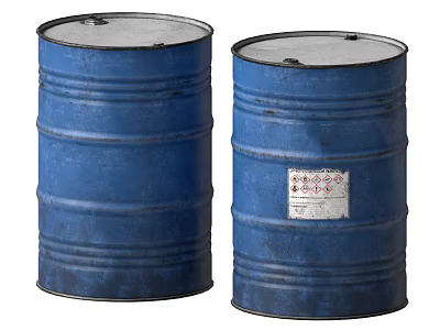 Industrial Blue Metal Drums Storage Containers With Hazard Warning Labels 3d model