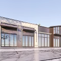 Modern Commercial Street Exterior With Large Windows Two Story Buildings And Trees