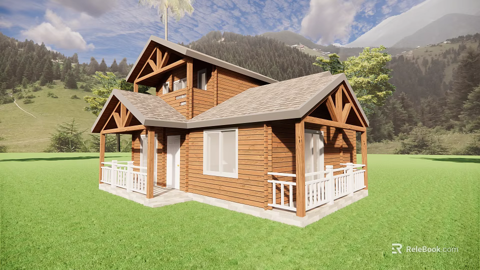Wooden Two Story Detached Villa With Gray Roof White Porch Railings And Mountain View 3d model 