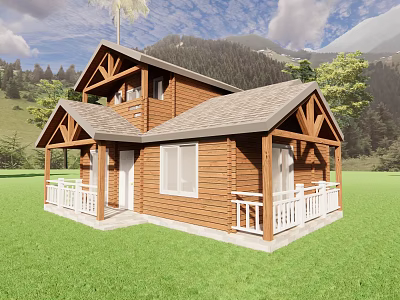 Wooden Two Story Detached Villa With Gray Roof White Porch Railings And Mountain View 3d model