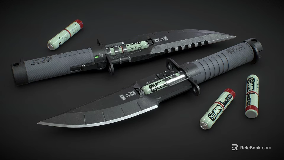 Tactical Military Weapon Knives With Sharp Blades Black Handles And Ammunition Cartridges 3d model 